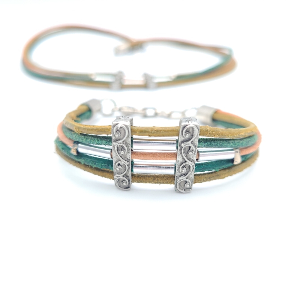Boho Multistrand Cord Necklace & Bracelet Set Earth Tones Silver Tone
